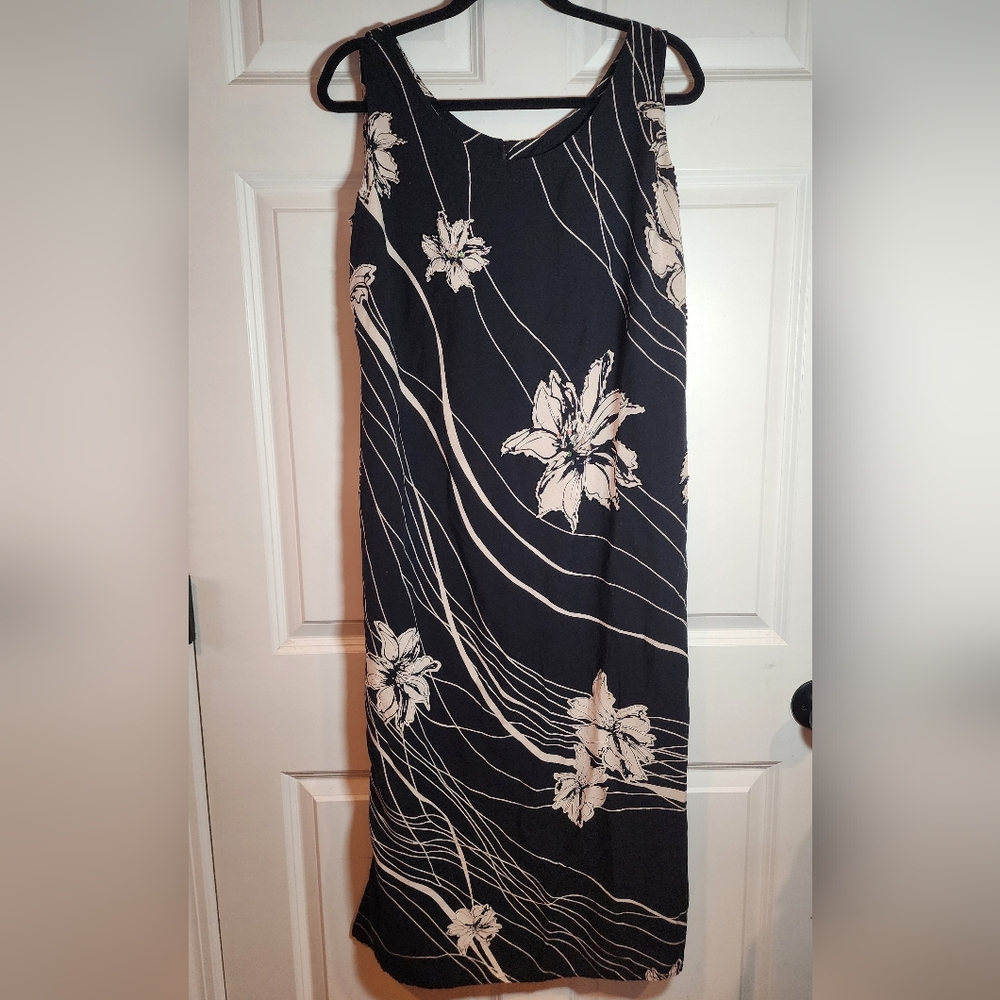 R&K Originals Vintage Sleeveless Black Floral Midi Dress with Cream Print 16W